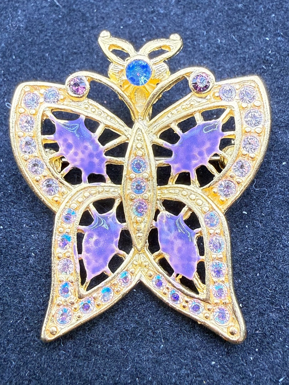 Vintage Kirks Folly Purple Butterfly Rhinestone Brooch Pendant Gold Tone